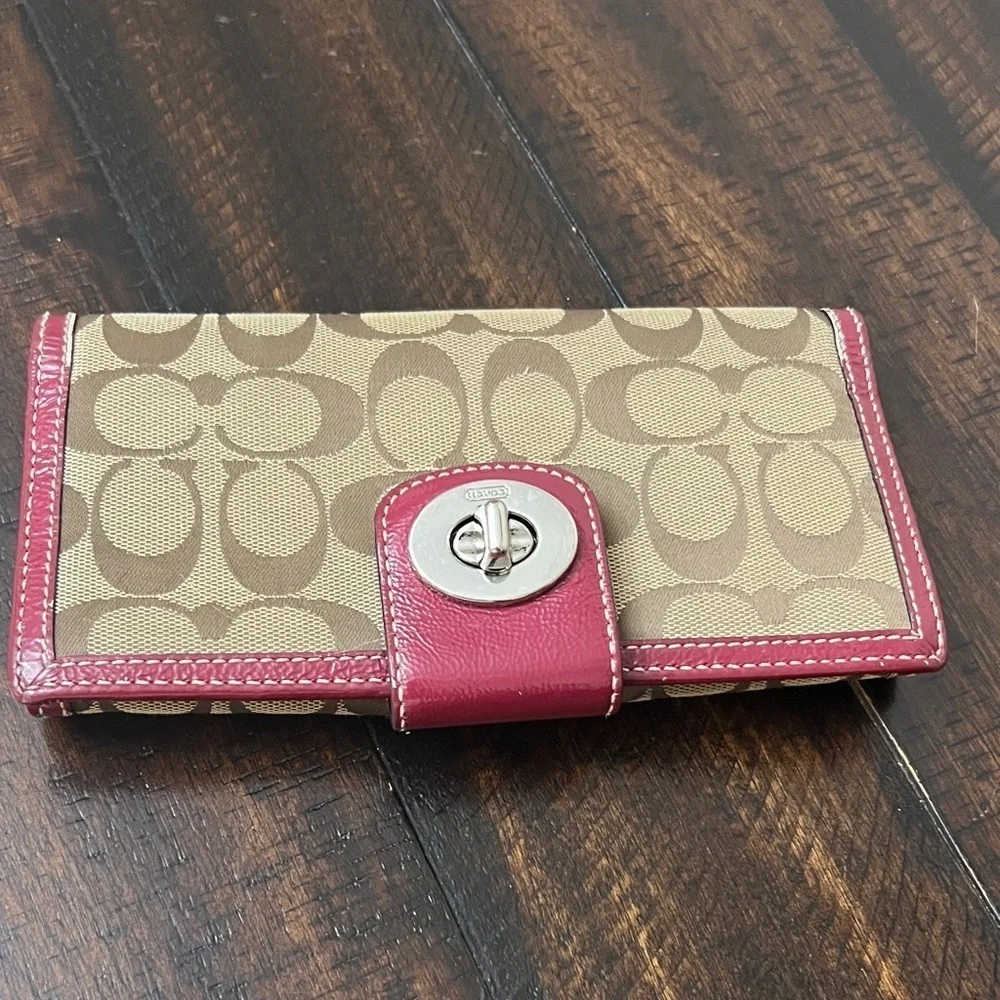 Coach Hampton Signature Leather Slim Envelope Wallet Khaki Plum Purple RARE